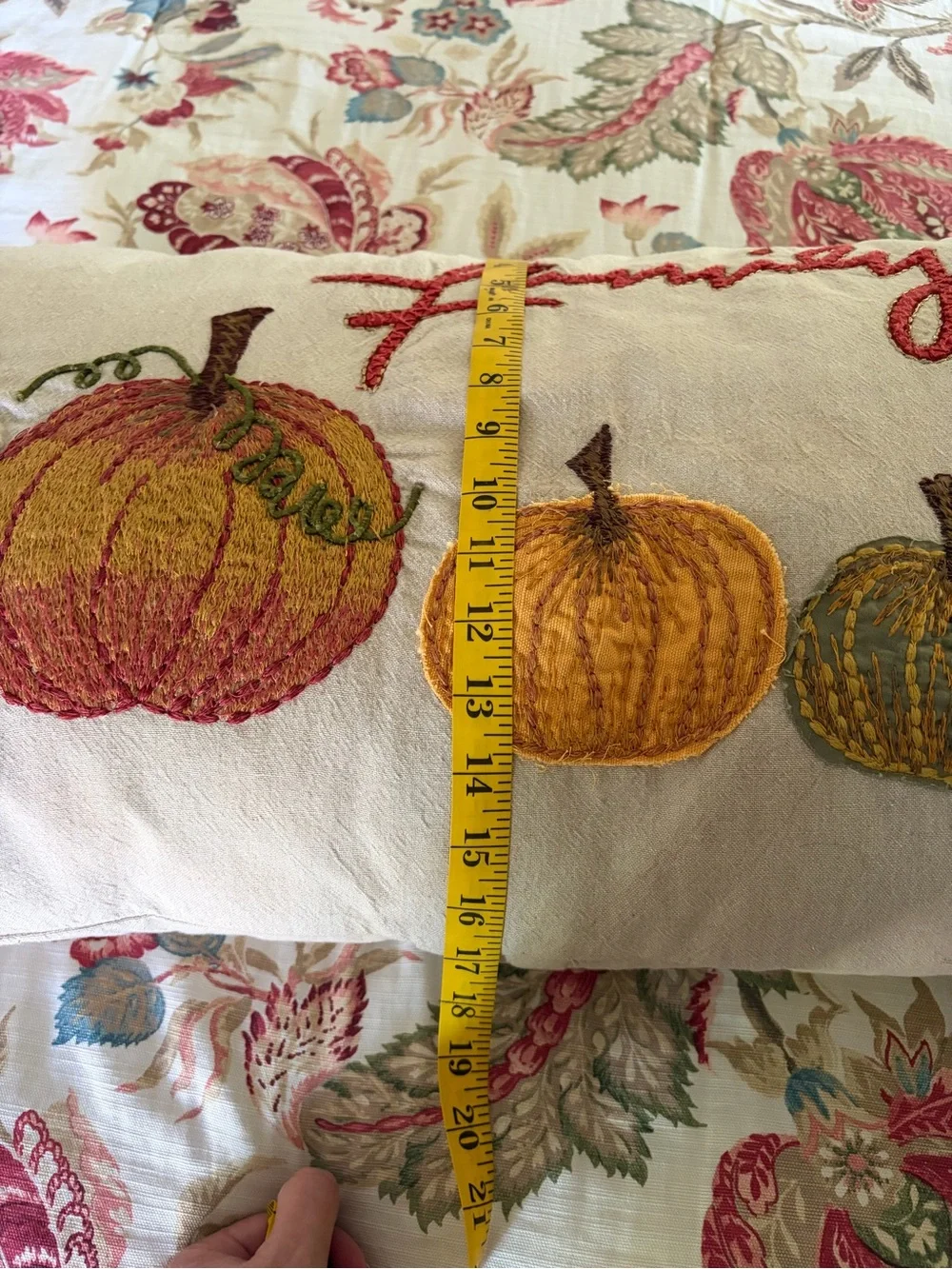 Family Embroidered Pumpkin Accent Pillow - Neutral with Orange and Green